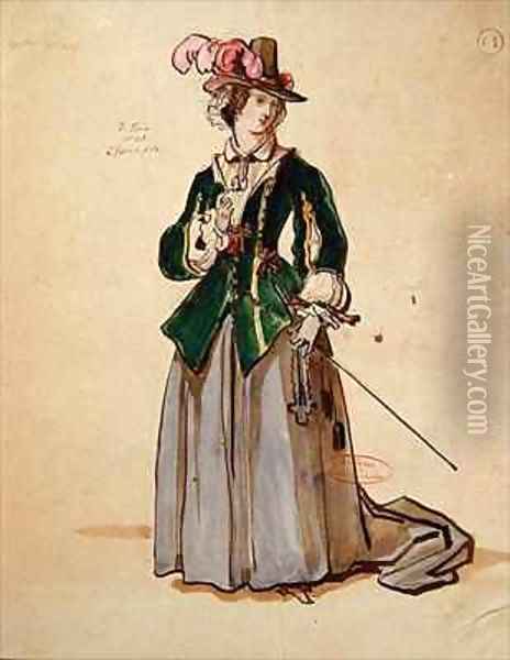 Costume design for Dona Elvire in an 1847 production of Don Juan Oil Painting - Achille-Jacques-Jean-Marie Deveria