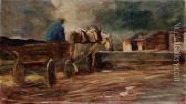 Uomo Su Un Carretto Mentre Fa Abbeverare Il Cavallo Oil Painting - Giovanni Segantini