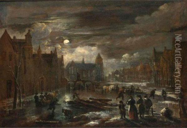 A Winter Landscape With Figures 
And Horse-drawn Sleighs On A Frozen Canal In A Town By Moonlight, With A
 Triple-arched Bridge And A Church In The Background Oil Painting - Aert van der Neer