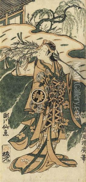 Benizuri-e Of The Actor Segawa Sengyo Holding A Branch Of Bamboo With Paper Festoons Near A River Oil Painting - Torii Kiyohiro