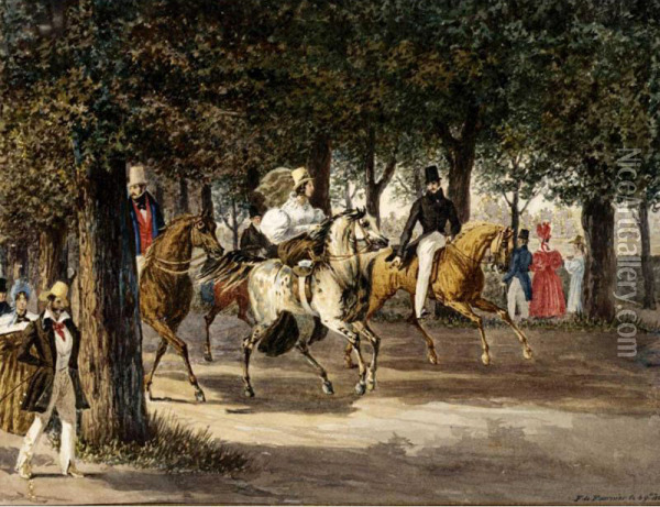 Figures Riding Through A Woodland In Cascine, Florence Oil Painting - Jean Baptiste Fort. Fournier