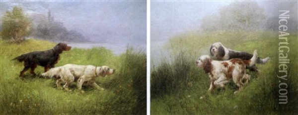 Chiens De Chasse A L'arret (+ Another, Similar; Pair) Oil Painting - Eugene Petit