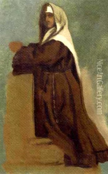 Costume Study Of A Seated Woman (+ Italian Costume Sketch Of A Kneeling Nun; 2 Works) Oil Painting - Albert Bierstadt