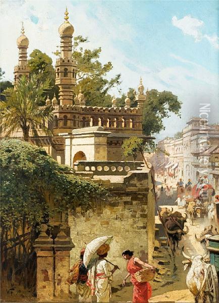 Street Scene In Hyderabad, Pakistan Oil Painting - Woldemar Friedrich