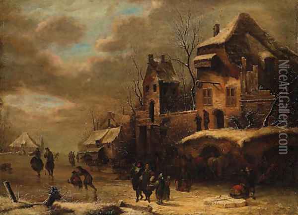 Figures on a frozen Waterway by a Town Oil Painting - Claes Molenaar (see Molenaer)
