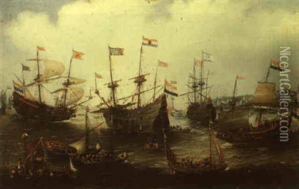 Return To Amsterdam Of The Fleet Of The Dutch East India Company, 1599 Oil Painting - Andries Van Eertvelt