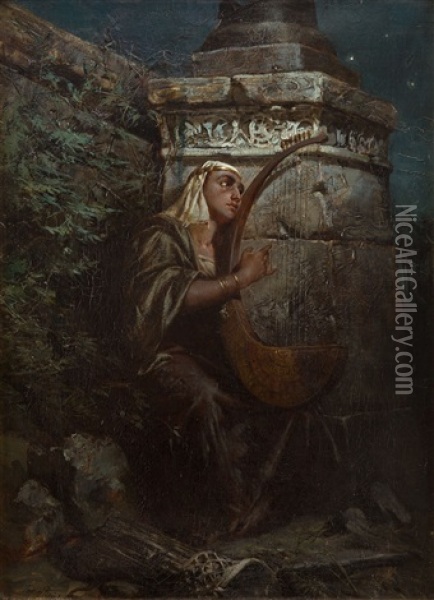 Harpist (david) Oil Painting - Tadesz Popiel