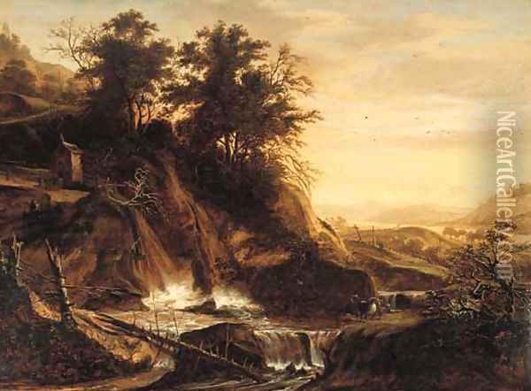 Fallen trees by a waterfall in a mountainous landscape Oil Painting - Jacob De Villeers