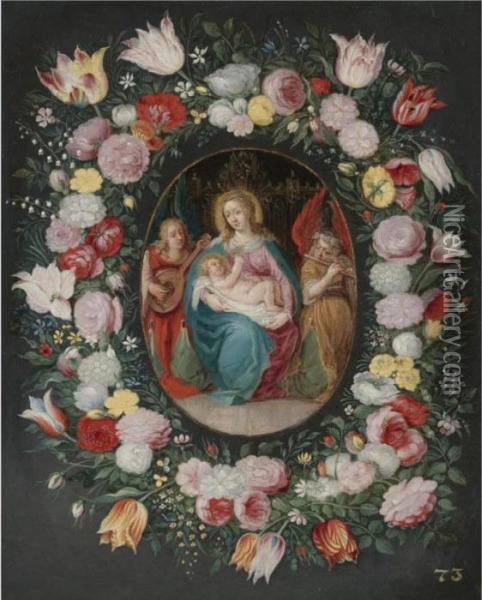 The Madonna And Child With Two Angels Surrounded By A Garland Of Flowers Oil Painting - Frans II Francken