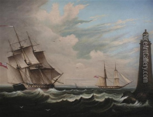 A Frigate In Two Positions Alongside A Lighthouse Oil Painting - Thomas Lyde Hornbrook