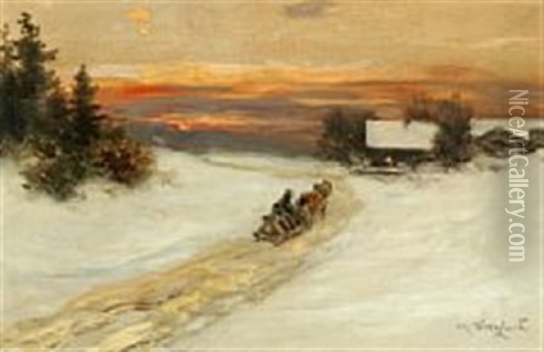 Sunset Scenery From The Mountains With A Horsedrawn Sleigh In Front Oil Painting - Oscar Arnold Wergeland