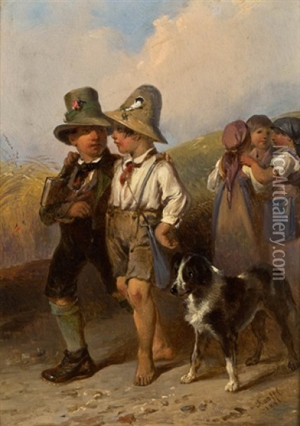 Bauernkinder Mit Hund Am Feldweg Oil Painting - Johann Matthias Ranftl