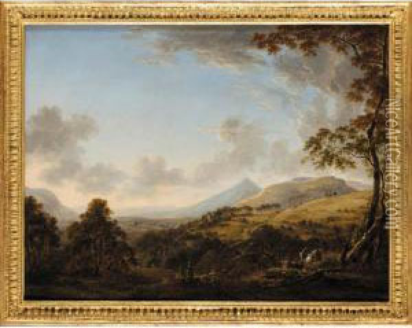 Extensive Landscape With Distant Mountains And Goats In The Foreground Oil Painting - George Cuitt
