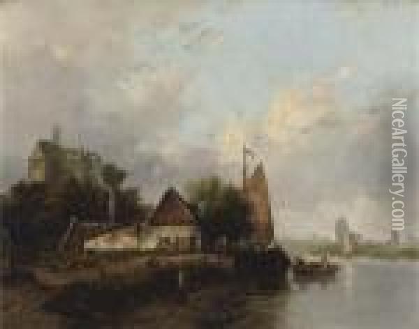 A Ship Moored Near A Dutch Town Oil Painting - Johannes Josephus Destree