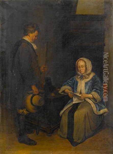 An Elegant Lady Reading A Letter In The Presence Of A Messenger Oil Painting - Gerard ter Borch the Younger