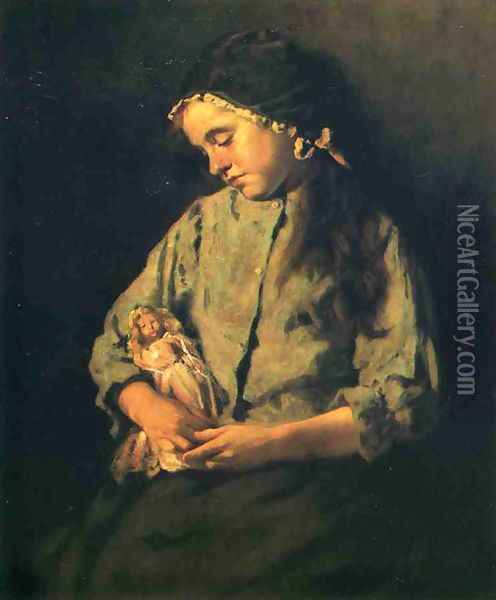 A Young Girl with Her Doll Oil Painting - Lawrence Carmichael Earle