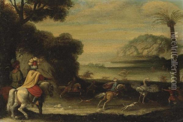 Figures In Oriental Attire On Horseback Hunting Ostriches In An Exotic Landscape Oil Painting - Antonia Tempesta
