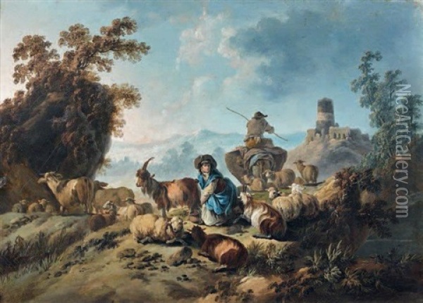Gardienne De Chevres Dans Un Paysage Oil Painting - Jean Baptiste Pillement