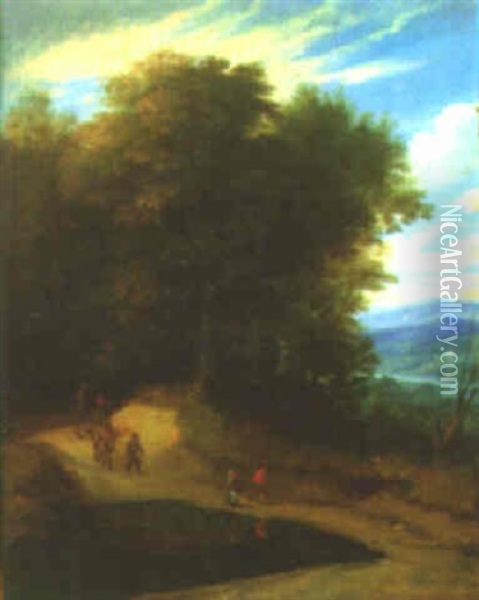 Wooded Landscape With Travellers On A Path Beside A Pool, A River Valley Beyond Oil Painting - Jacques d' Arthois