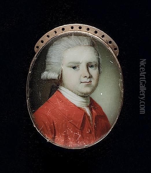 A Gentleman, Wearing Red Coat, White Cravat And Powdered Wig Worn Oil Painting - Richard Crosse