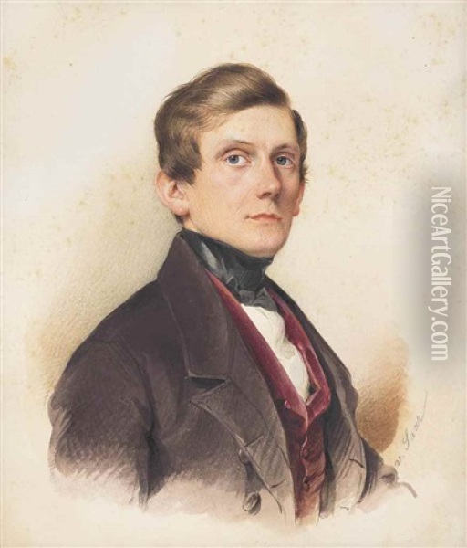 A Young Gentleman, In Brown Coat, Red Waistcoat And Black Stock Oil Painting - Karl Von Saar