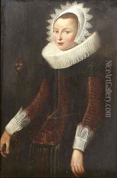 Portrait of a lady, standing three quarter length, wearing a gold embroidered red dress with molenkraag Oil Painting - Cornelis De Vos