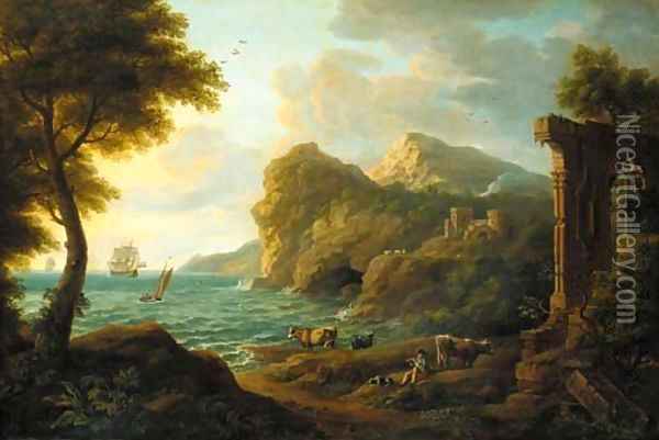 A drover with cattle in a classical coastal landscape Oil Painting - Copplestone Warre Bamfylde