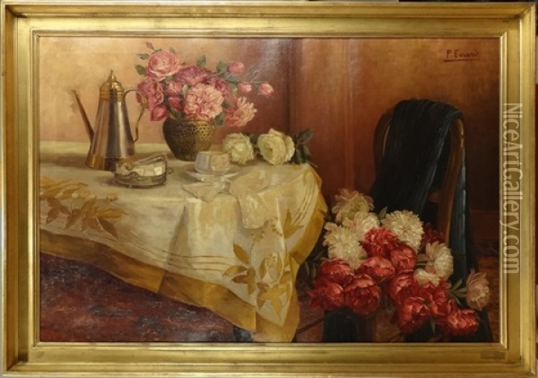 Vue D'interieur Aux Fleurs Oil Painting - Paula Evrard