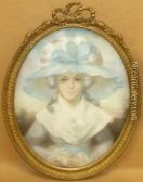 Half Length Portrait Of Young Lady Wearing Wide Brimmed Hat Oil Painting - George Romney