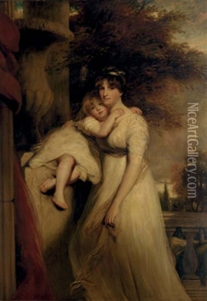 Portrait Of Lady Mildmay, In A White Dress, With Her Child, A Landscape Beyond Oil Painting - Sir John Hoppner