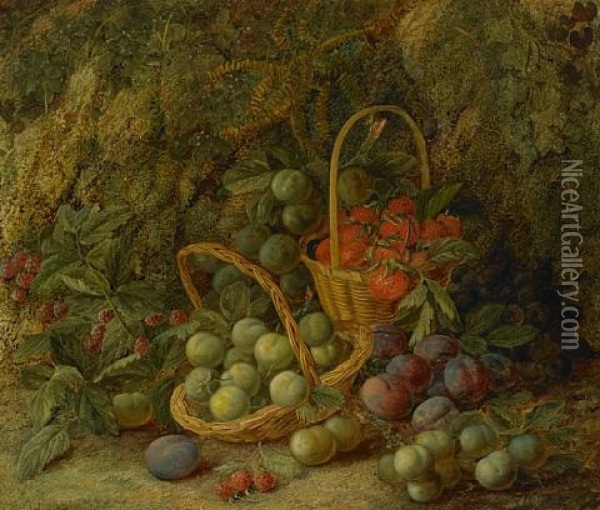 A Still Life With Strawberries In A Basket On A Mossy Bank (+ Still Life; Pair) Oil Painting - Vincent Clare