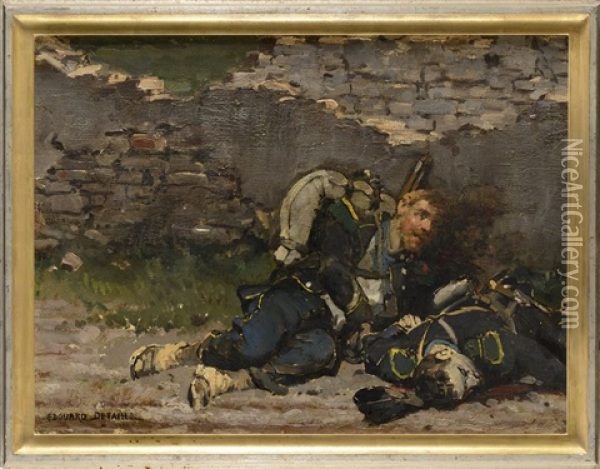Voltigeur Cache Derriere Un Muret, Au Cote De Son Camarade Mort (fragment De Panorama De Rezonville) Oil Painting - Edouard Jean Baptiste Detaille