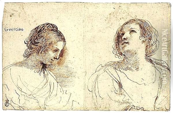 Two Female Head Studies Oil Painting - Giovanni Francesco Barbieri