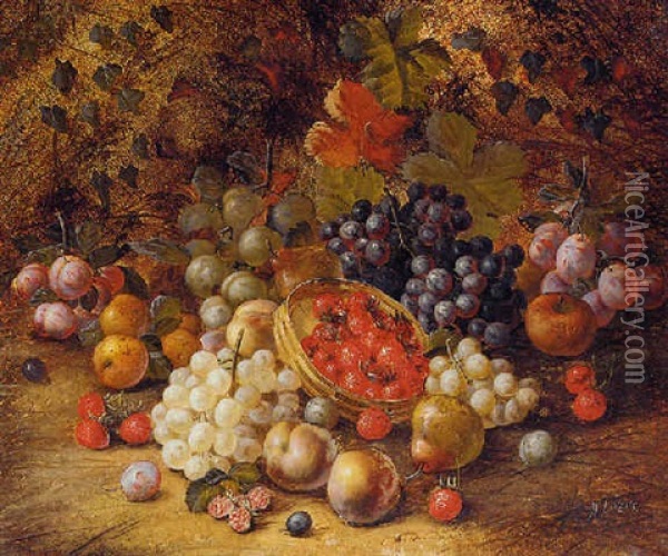 Still Life With Grapes, Berries, Apples And Plums On A Mossy Bank Oil Painting - Henry John Livens