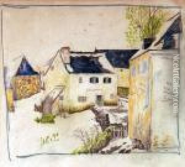 Annotated Preparatory Sketch Of Farm Buildings Oil Painting - Dora Carrington