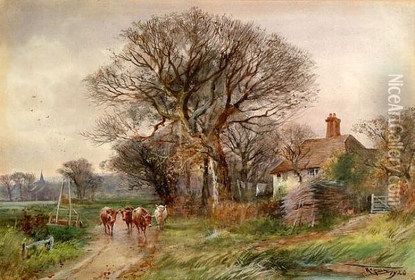 Cattle Returning Home On A Wintry Day, Signed And Dated 1920, Watercolour Oil Painting - Henry Charles Fox