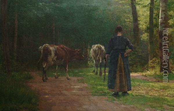 A Figure Driving Cattle In A Wood Oil Painting - Emile Van Damme-Sylva