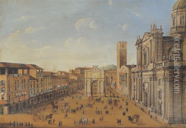 Vista Di Brescia - La Piazza Del Duomo Con Il Duomo Nuovo, Il Broletto E Un Arco Di Trionfo Oil Painting - Francesco Battaglioli