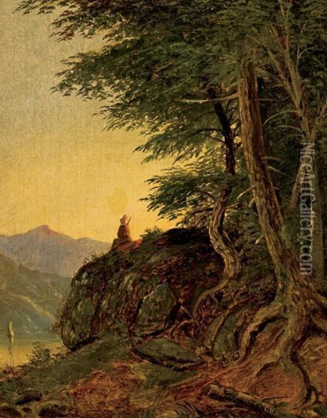 Indian Overlooking A River Oil Painting - Christopher P. Cranch