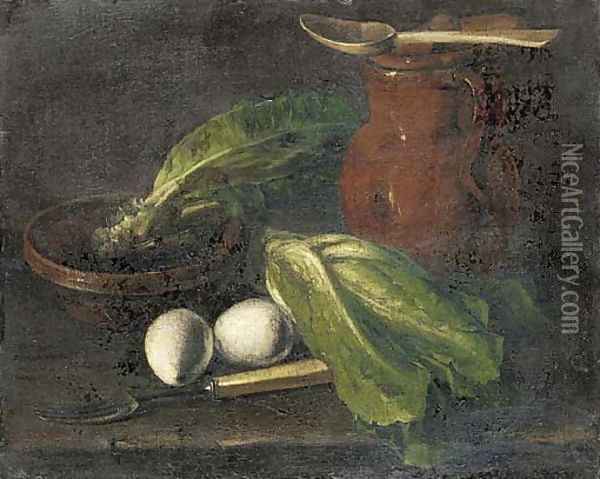 Eggs, lettuce, a jug, a bowl of lettuce and a fork on a table Oil Painting - Luis Eugenio Melendez