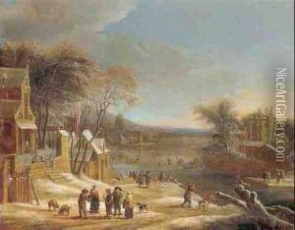 Village Scene Along A River Oil Painting - Theodore van Heil