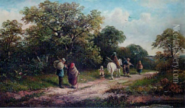 Country Landscape With Figures On A Road In The Foreground Oil Painting - John Joseph Hughes