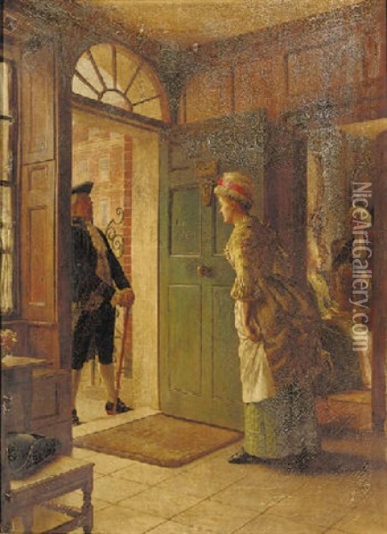 Announcing An Arrival Oil Painting - Edwin Hughes