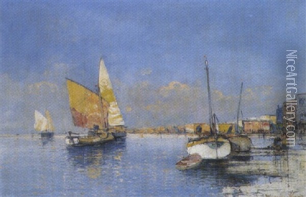 Segelschiffe Vor Einer Hafenstadt Oil Painting - Georg Fischhof