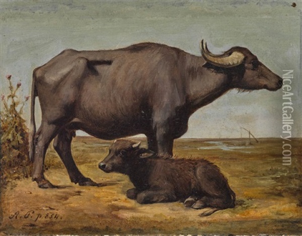 Wasserbuffel In Der Puszta Oil Painting - August Xaver Carl von Pettenkofen