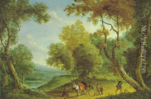 Waldlandschaft Mit Rastenden Eseltreibern Oil Painting - Adriaen Frans Boudewyns the Elder