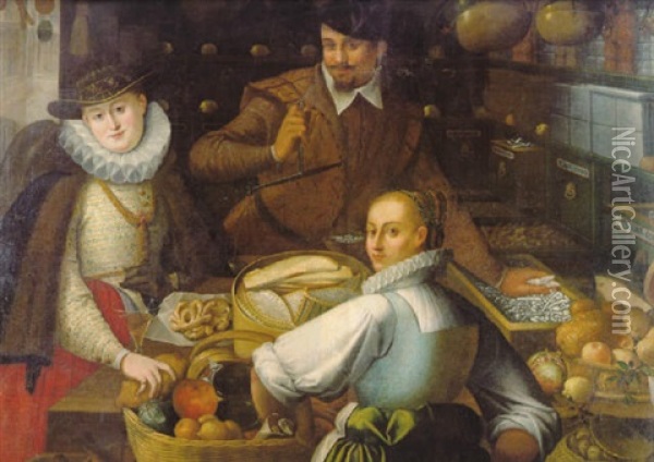 Vornehme Dame Mit Ihrer Dienerin Beim Einkauf In Einem Kramerladen Oil Painting - Frans Floris the Elder