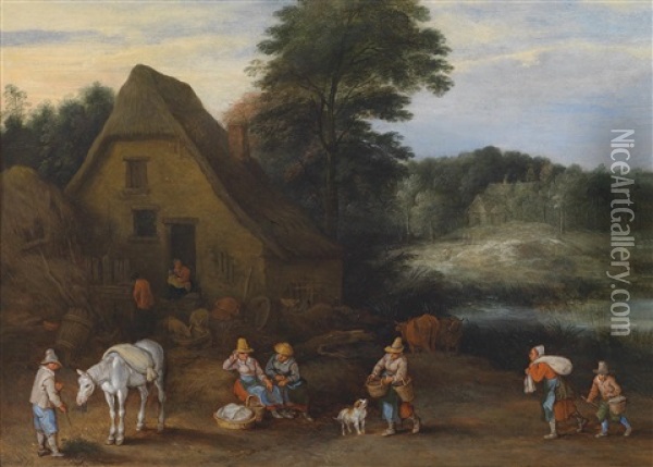 Landschaft Mit Bauern, Die Sich Fur Den Markt Vorbereiten Oil Painting - Joseph van Bredael