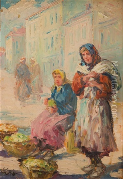 Vendors On The Market Oil Painting - Erno Erb