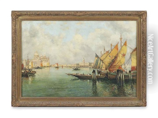 Gondolas On The Grand Canal, The Doge's Palace And Santa Maria Della Salute In The Distance Oil Painting - Nicholas Briganti